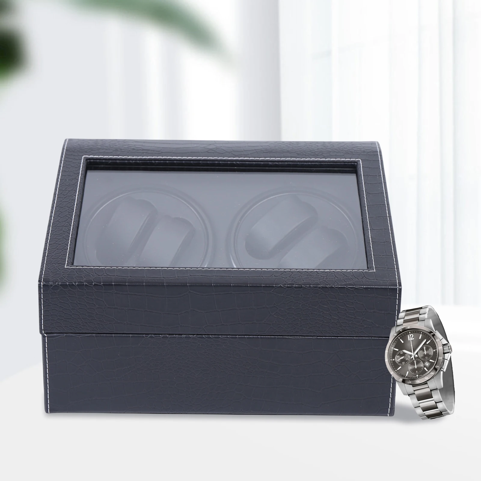 4+6 Luxury Leather Automatic Rotation Watch Winder Black Storage Box Display Case Crocodile Pattern