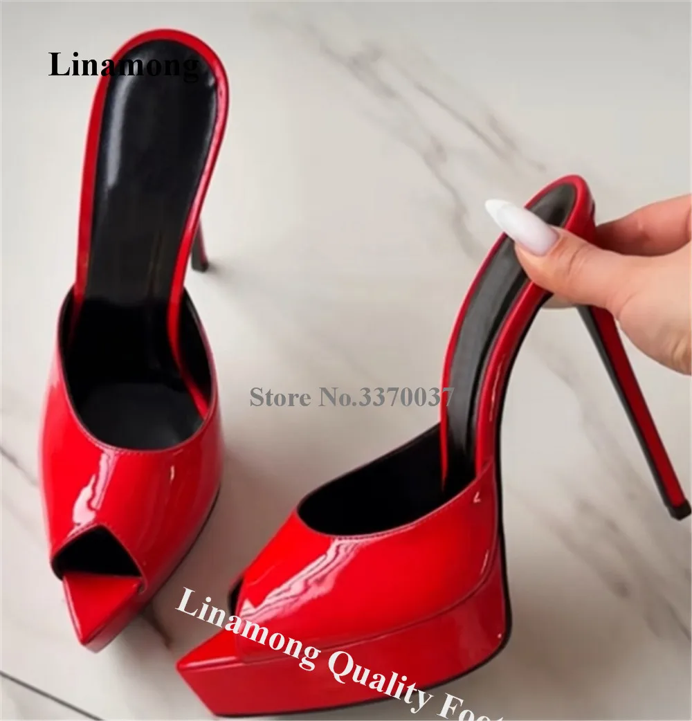 

Linamong/пикантные шлепанцы на шпильке с открытым носком, красные телесные, розовые, фиолетовые, лакированные кожаные сандалии на высокой платформе и тонком каблуке