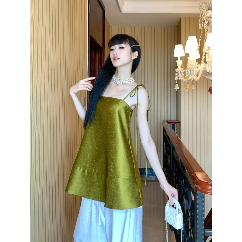 

New Women's Outdoor High-quality Elegant Green Sleeveless Lace Up A-line Camisole Vest Light Luxury Exquisite Floor Length Pants