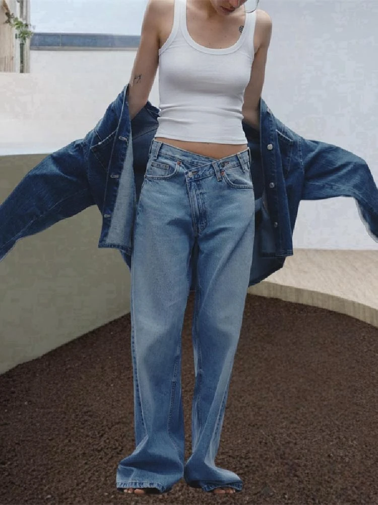 

High Waist Straight Leg Zipper Fly Jeans Women's Long Trousers Casual Sle All Season Stand Fit Pure Color Denim Pants