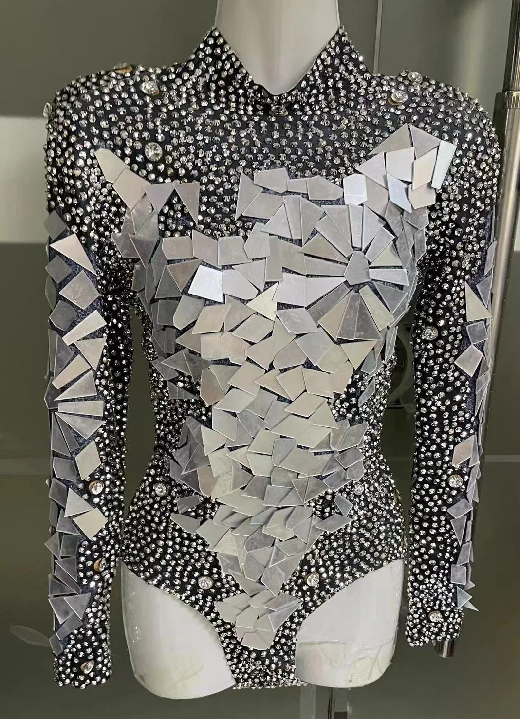 DS Bar Show Bodysuit Performance Costume Sparkly Silver Rhinestones Mirrors Leotard Women\'s Birthday Party Outfit Dance Costume