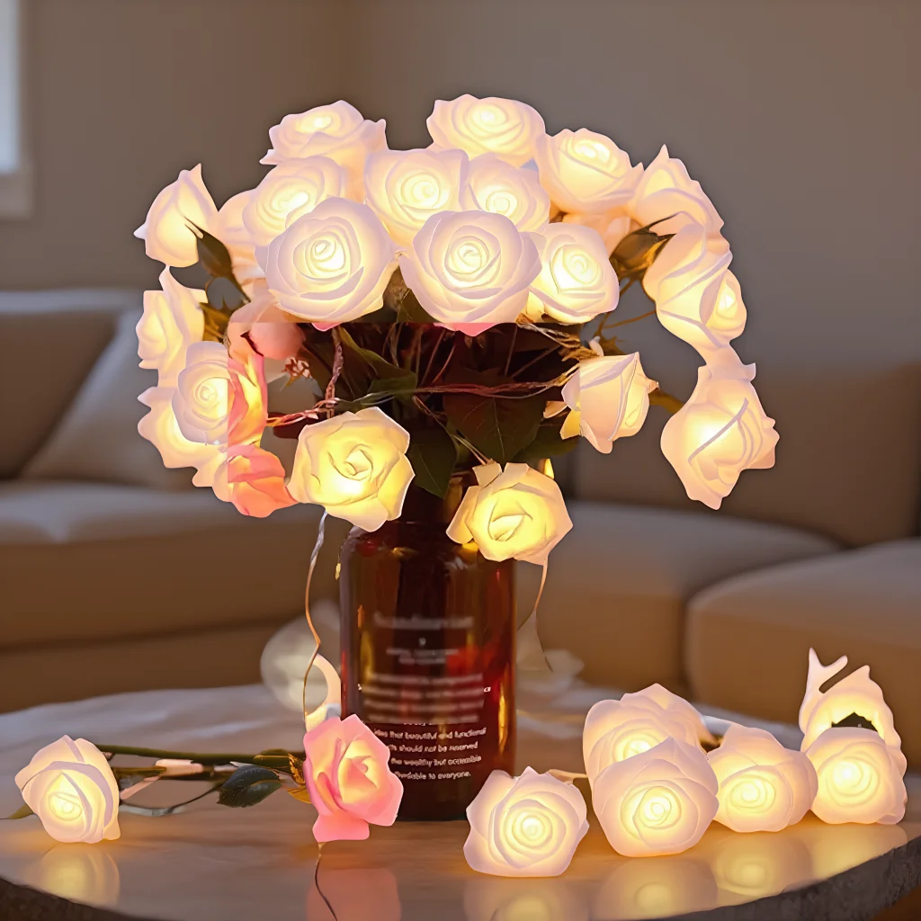 

LED Rose String Lights - White & Pink Floral Fairy Lights for Wedding & Valentine's Decoration