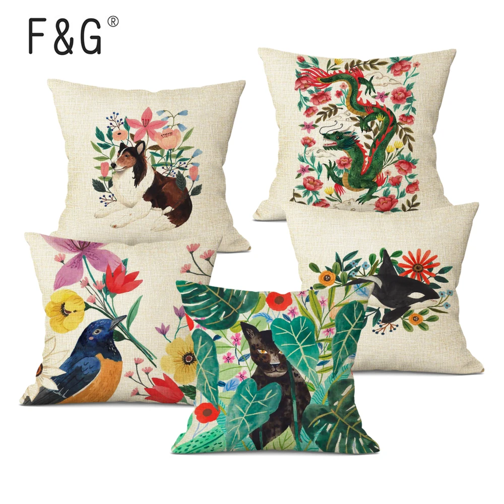 

Cartoon watercolor Pattern Cushion Cover Hand Painted Animal and Plant Decorative Cushions Linen Pillowcase for Sofa Home Decor