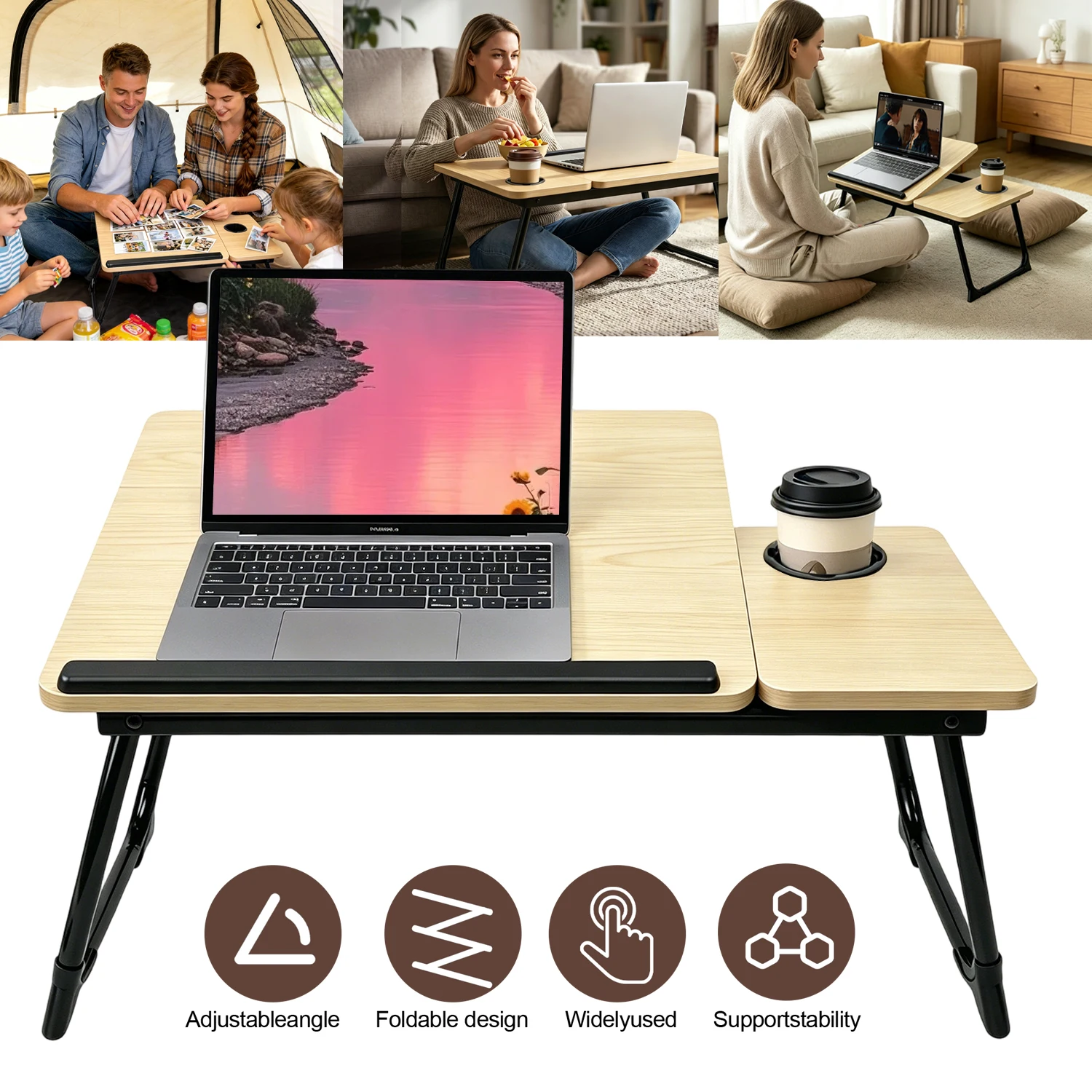 Table pliante avec 5 niveaux de hauteur réglables, porte-gobelet, bande de protection latérale pour lit, canapé, sol