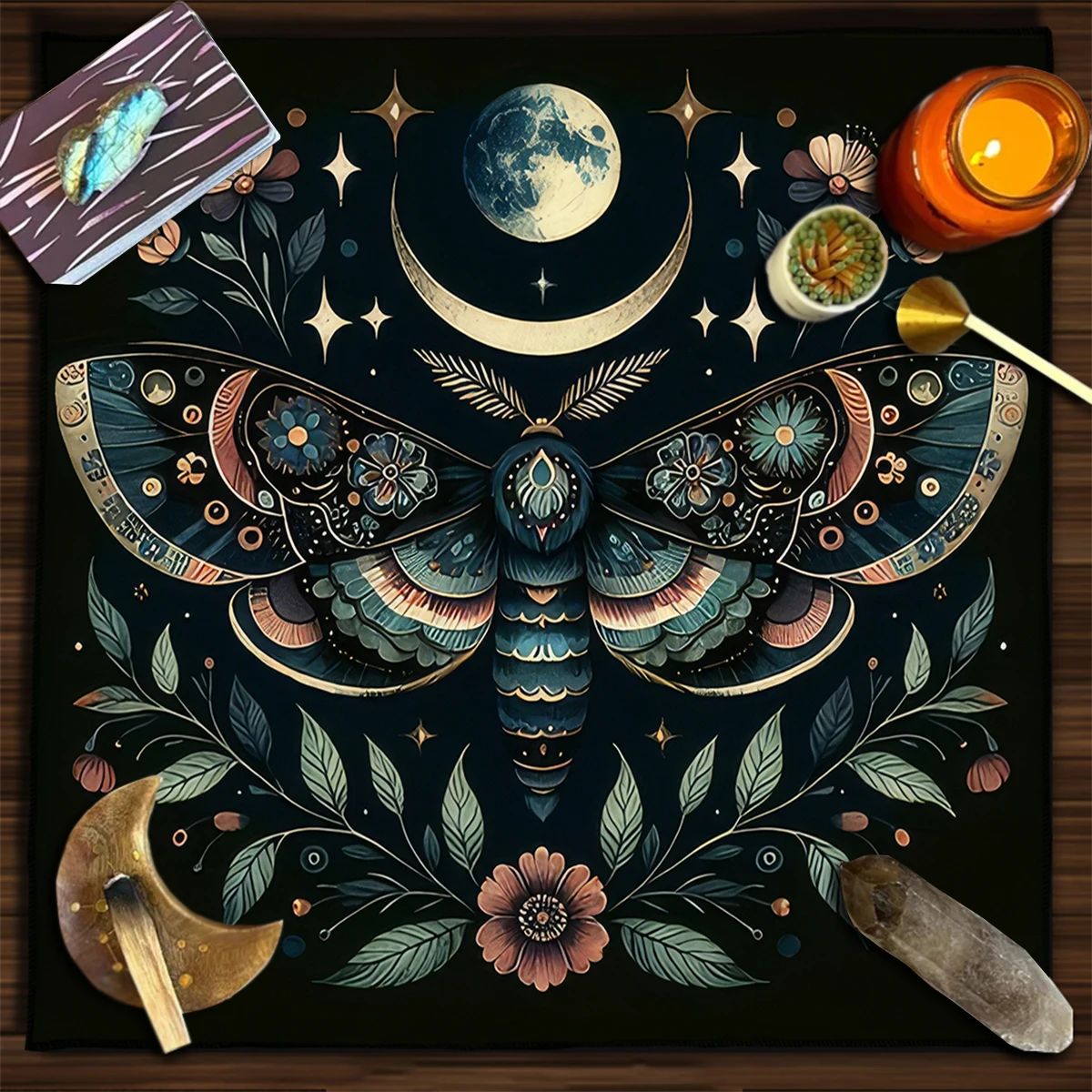 Tarot Tablecloth Moon Moth Flowers and Plants Altar Cloth Altar Decor Witchcraft Astrology Oracle Divination Cloth Home Decor