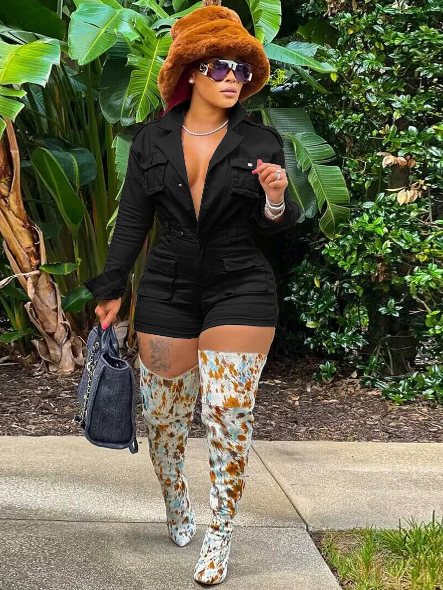 Cutenew tendência hipster denim playsuits feminino retalhos bolso botão de metal manga cheia magro moda atividade festa clube macacão