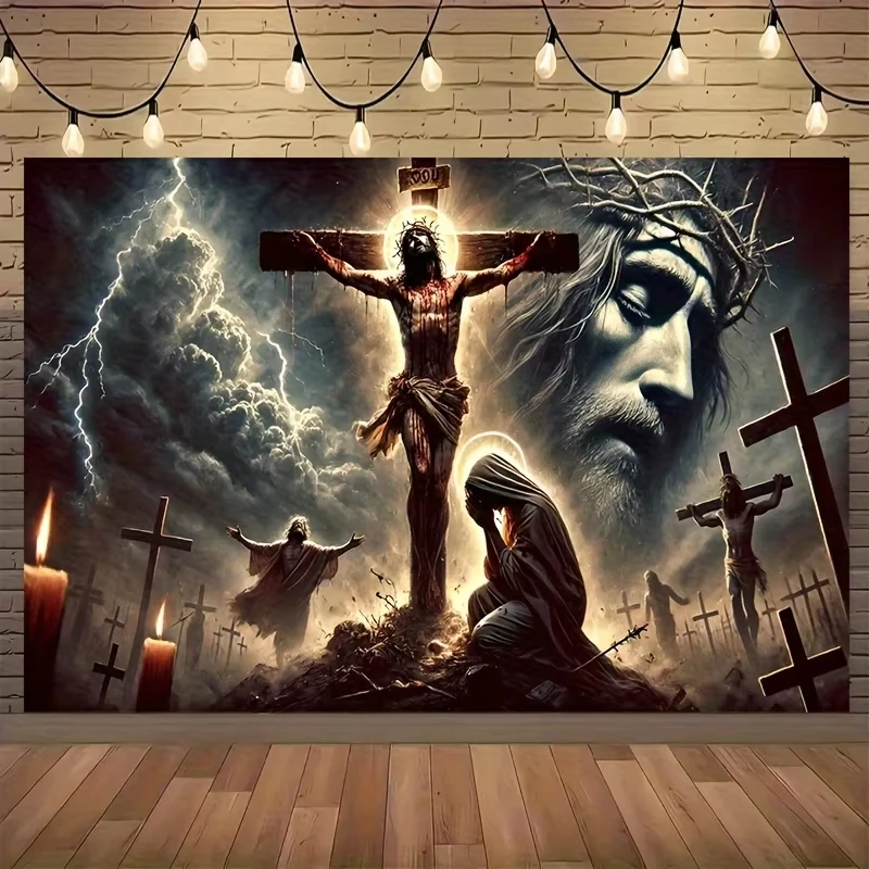Jesus Christ Crucifixion Tapestry Peach Beige Dramatic Cross Lightning Wall Art Religious Decor for Bedroom Living Room