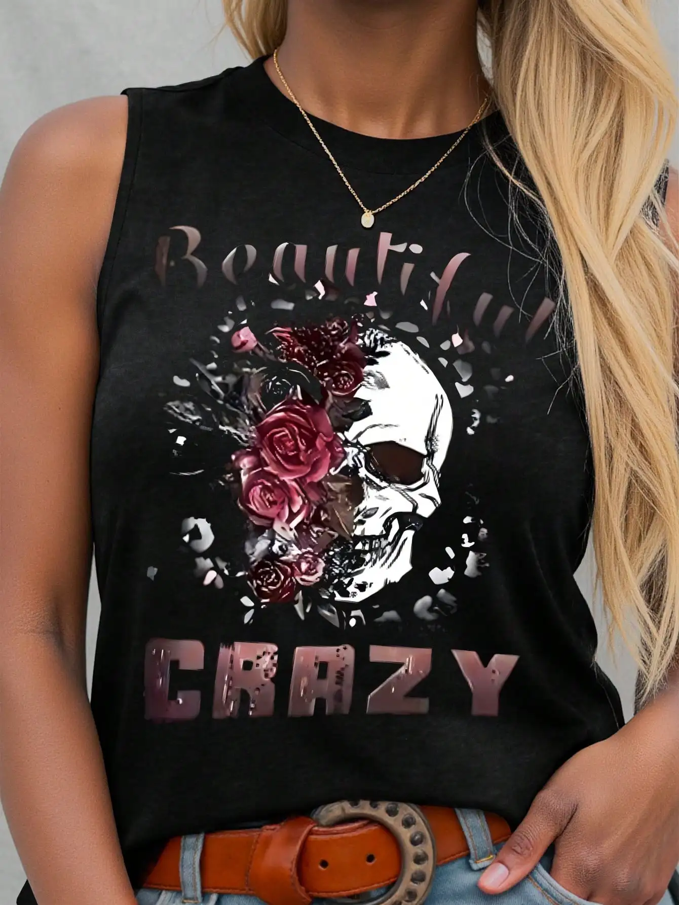 

Women's Gothic Skull & Roses Print Sleeveless Tank Top - Beautiful Crazy Slogan