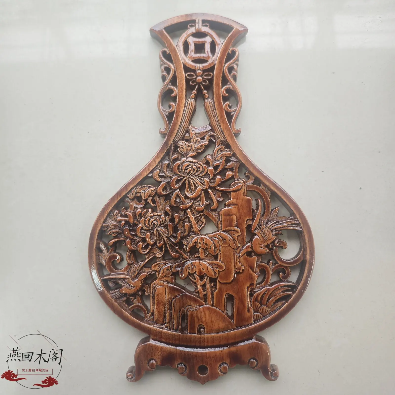 Wood Carving Hollow Carved Board Flower Bird Plum Orchid Bamboo Traditional Craft Wall Hanging Pendant Camphor Wood Home Decor