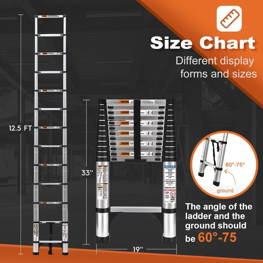 

12.5 FT Aluminum Telescoping Extension Ladder with Stabilizers Heavy Duty 250lbs Capacity Collapsible for RV Outdoor