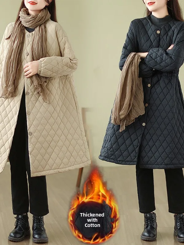 Winter Women's Cotton Jacket Mid-Length Diamond Pattern  Color Outerwear Korean Style Loose Fit Long Sleeve round Neck