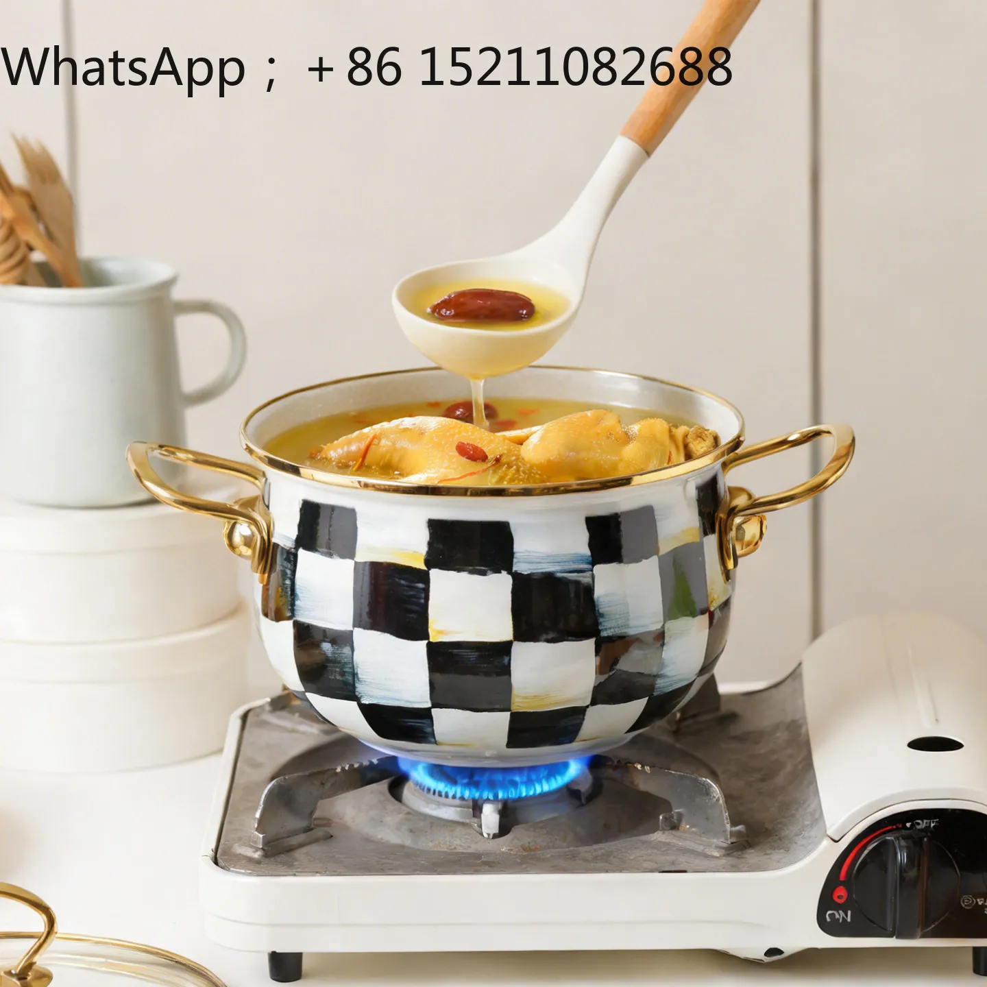 LLY light luxury enamel enamel checkerboard binaural soup pot black and white lattice with lid Phnom Penh thickened saucepan