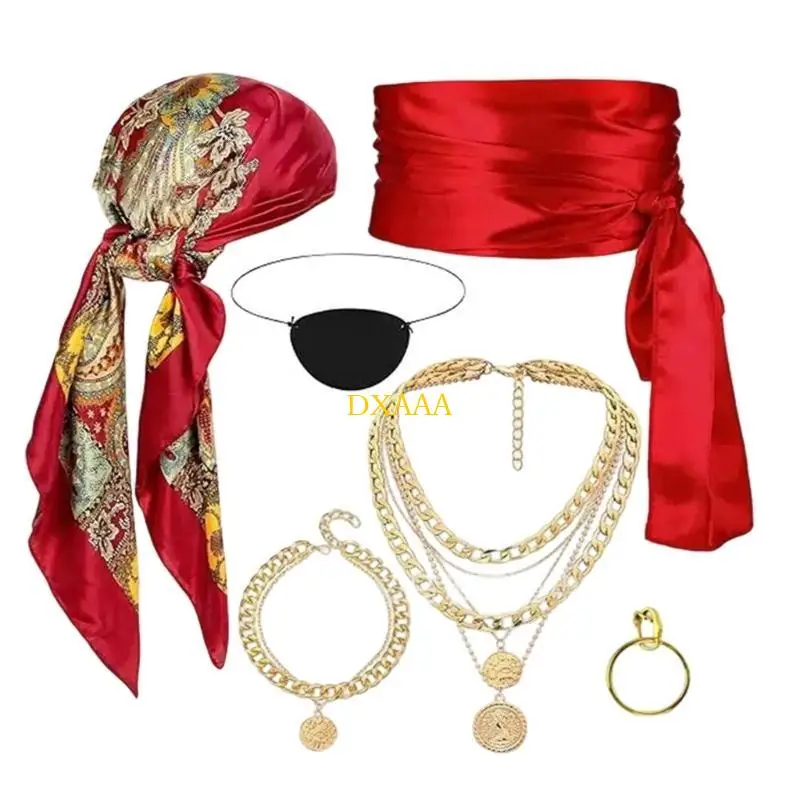 DXAA Women's Pirate Costume Accessories Set Includes Headscarf Necklace Bracelet Eye Patches Waist Belt for Women Men Cosplay