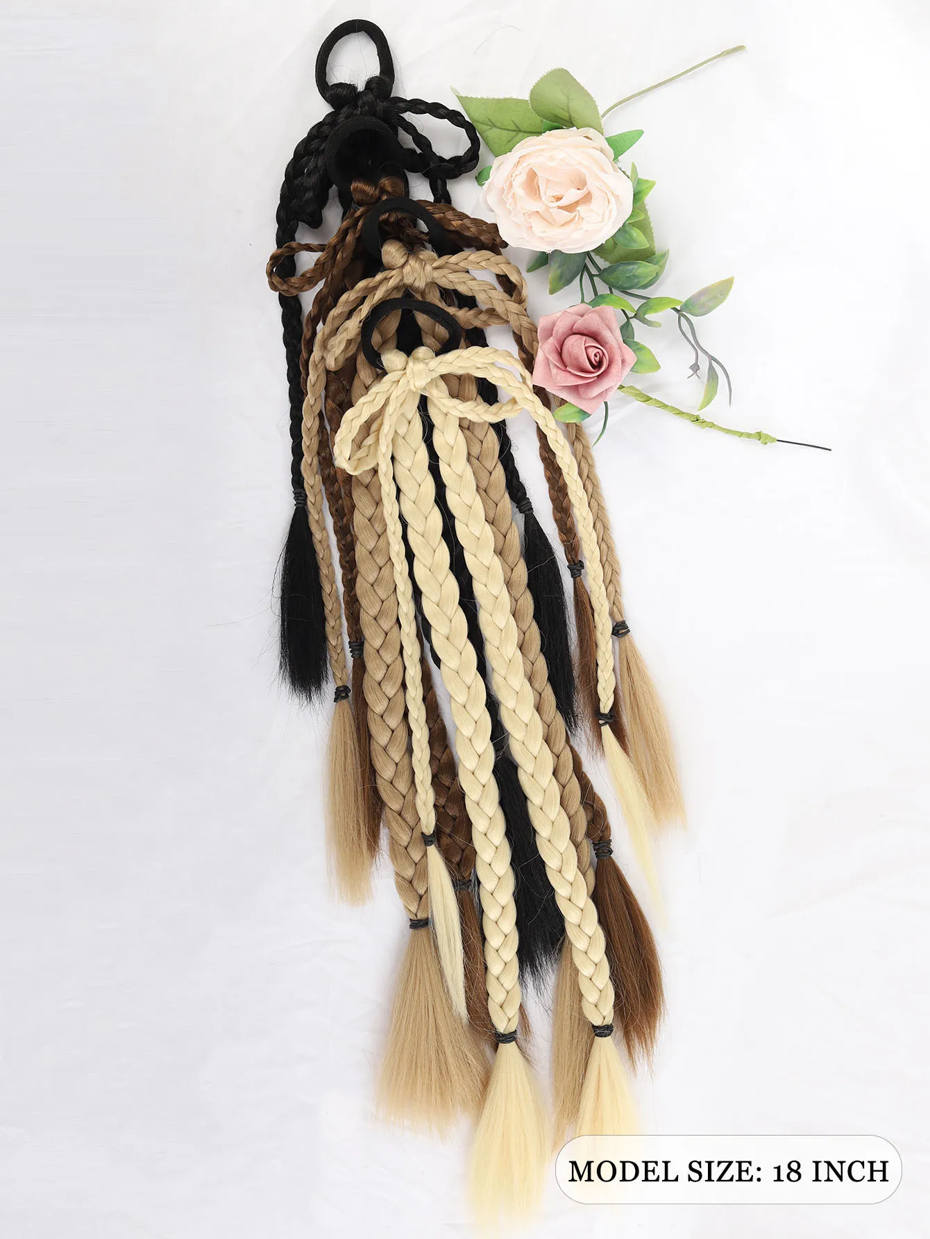LM Multi‑Color Bow Braid Ponytail Wig, Elastic Band Long Braided Hair Extension, Synthetic Hairpiece for Festival Daily Party