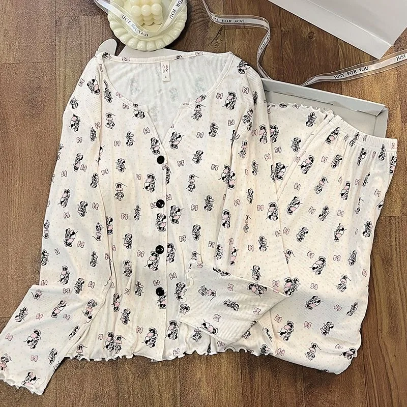 Conjunto de dos piezas con estampado de puntos y lazo de Minnie de dibujos animados, pijamas con cuello en V, moda coreana, conjunto de ropa informal para el hogar, nueva moda de otoño, ropa de dormir
