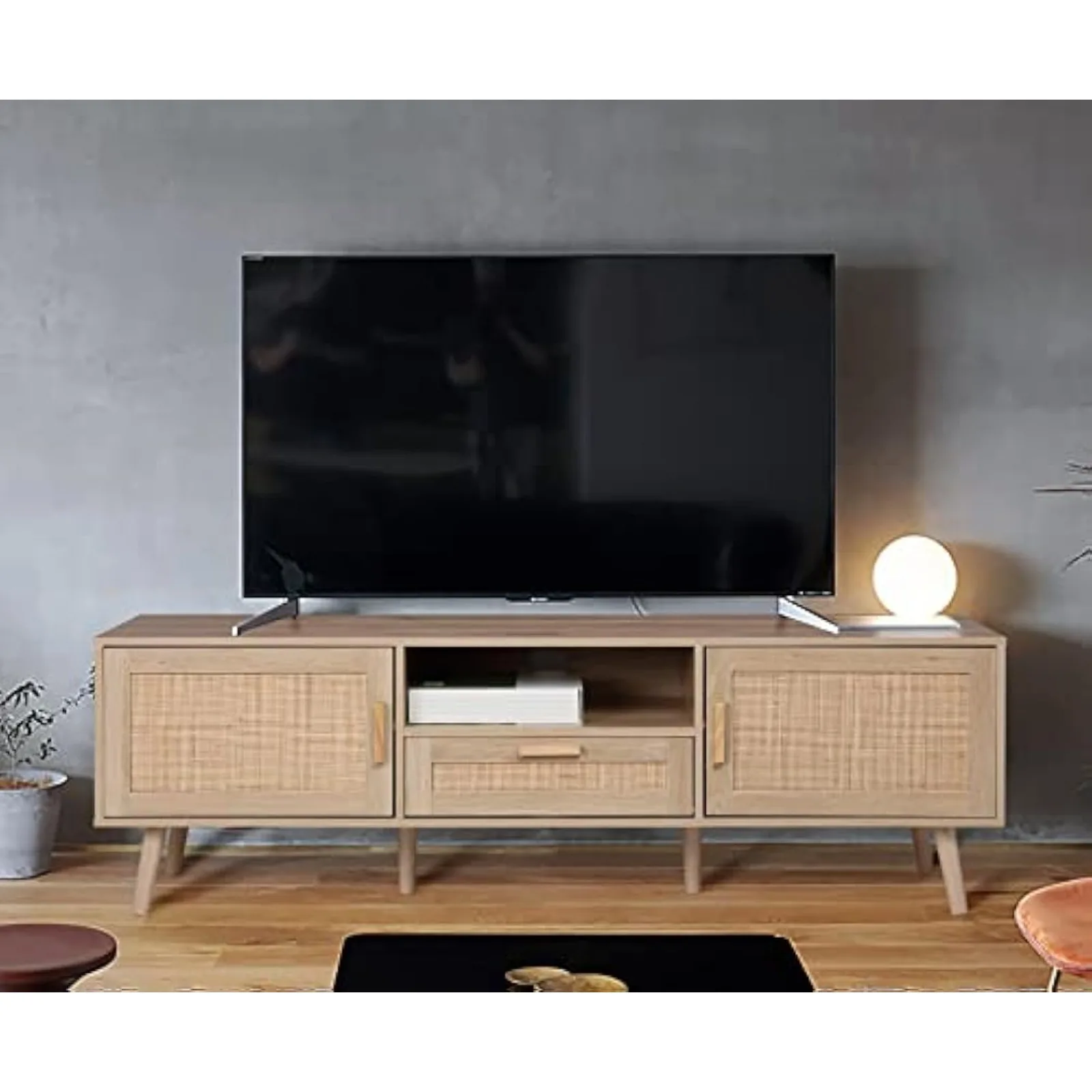 US 59 Inch Boho TV Stand for up to 70 inch TV, TV Console with 2 Hand Made Rattan Decorated Doors, Living Room Entertainment