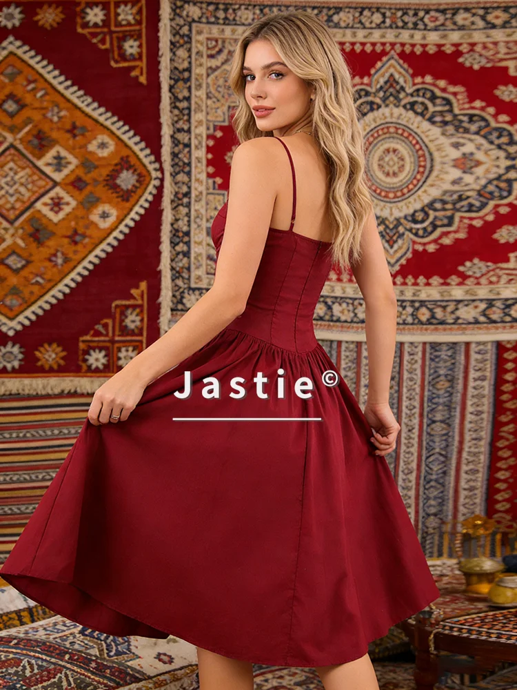 Red Corset Midi Dress Spaghetti Strap Bustier Bodice A-Line Elegant Dresses Zipper Slim Sexy Holiday Boho Beach Dress