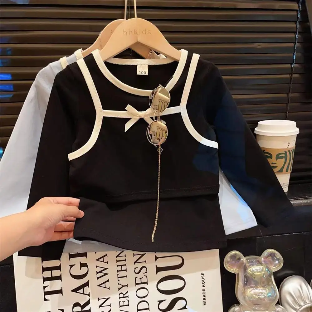 

Girls Top 2025 Spring and Autumn New Korean Version Bow Fake Two Piece Long Sleeve Western Style Base Sweet and Cute