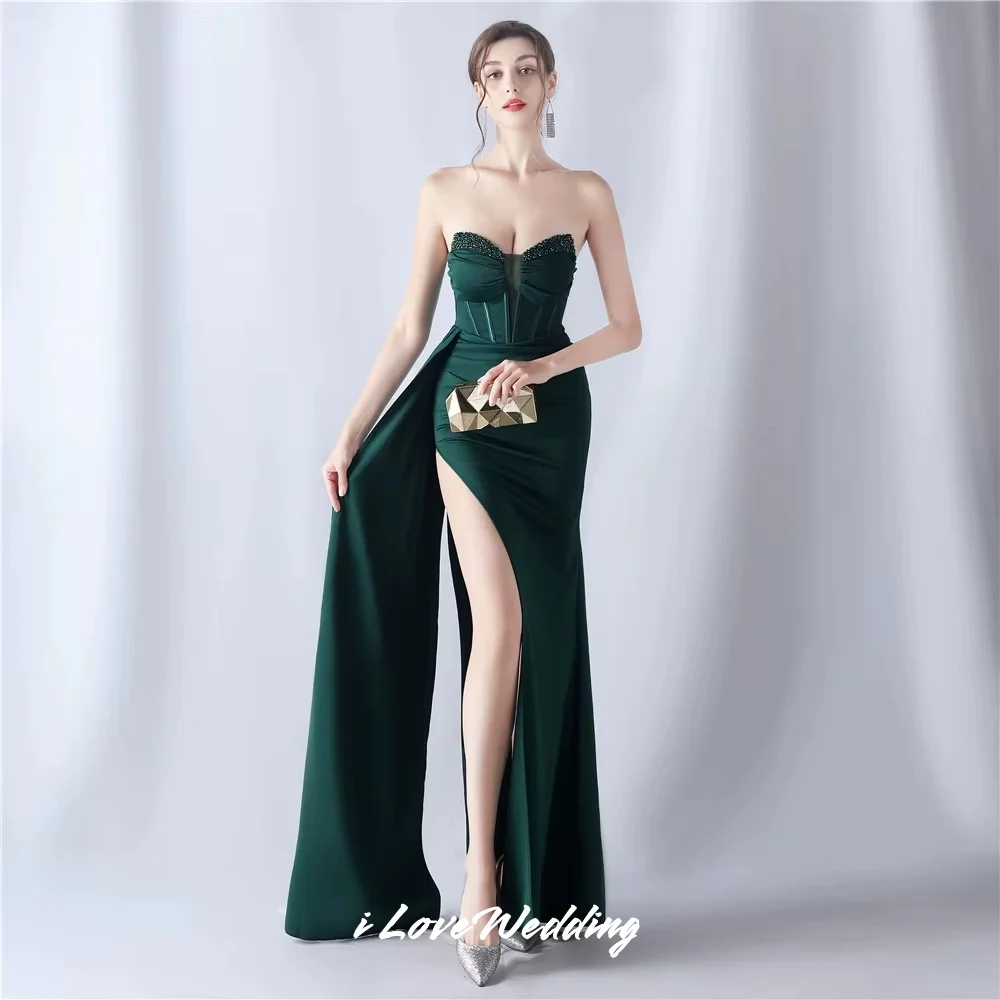 Elegant Green Strapless Evening Dresses 2025 Satin Sleeveless Beaded Crystal Pleated Mermaid Side Split Floor-Length Customized