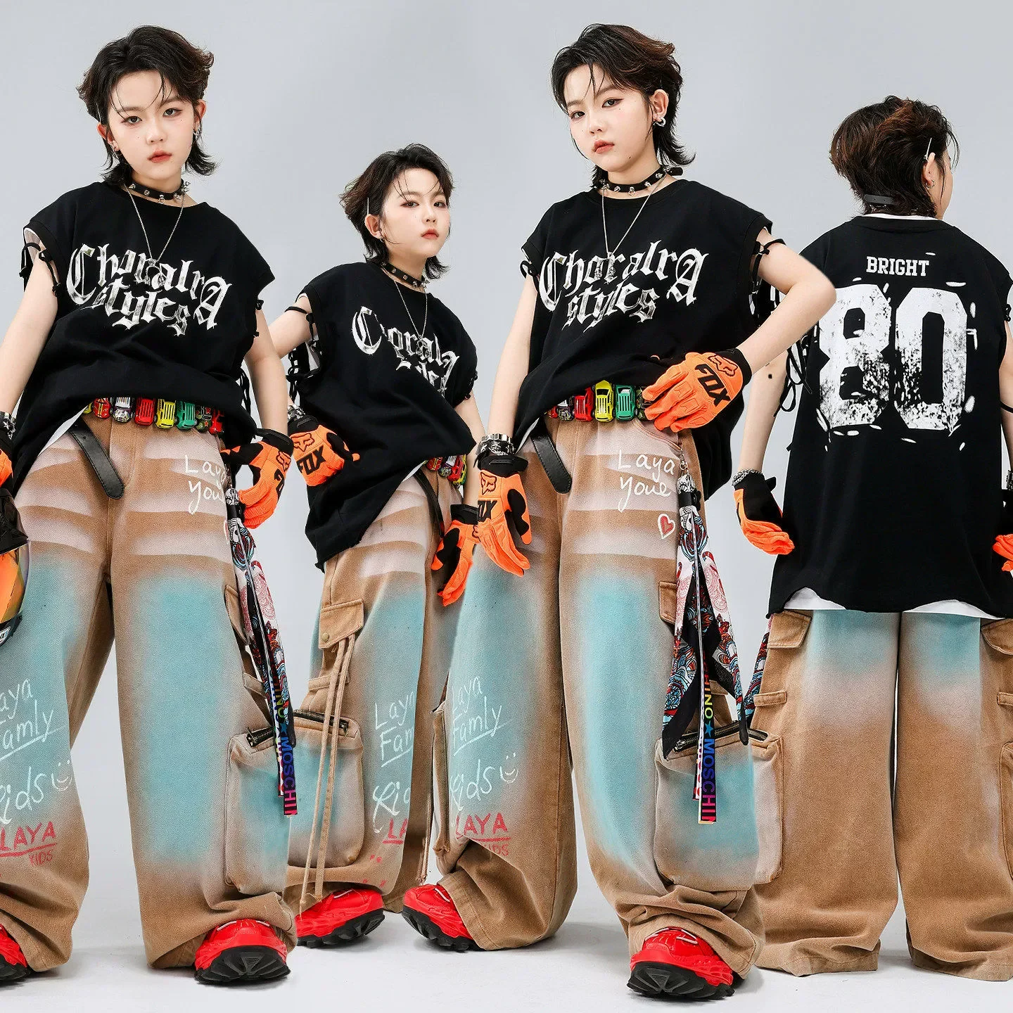Children Boys Girls Streetwear Hip Hop T-shirt Tank Baggy Jeans Pants Sets Kids Sleeveless T Shirt Cargo Trousers Stage Costume