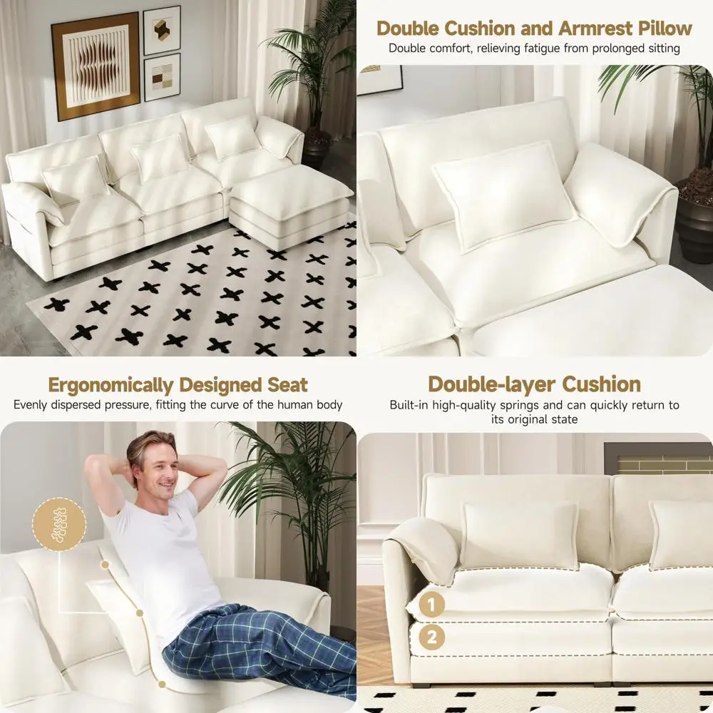 

l-shaped chenille modular sectional sofa with movable ottoman, 6 pillows and 2 armrest cushions for living room