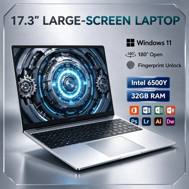 Intel 6500Y Powered 17.3 Inch Notebook 32GB RAM 2TB SSD Windows11 Fingerprint Unlock Portable PC For Business Trip Daily Office