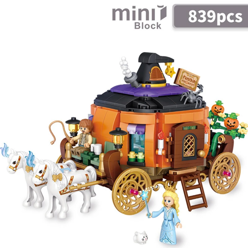 NEW Travel Pumpkin Cart Halloween House Store Street View Shop House Building Blocks Kit Girls Bricks Model Kids Toy Children