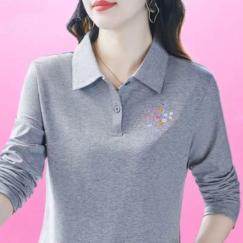 

Lapel Plant Floral Embroidery Geometric Graphic Long Sleeve Pullover Fashionable Casual Top
