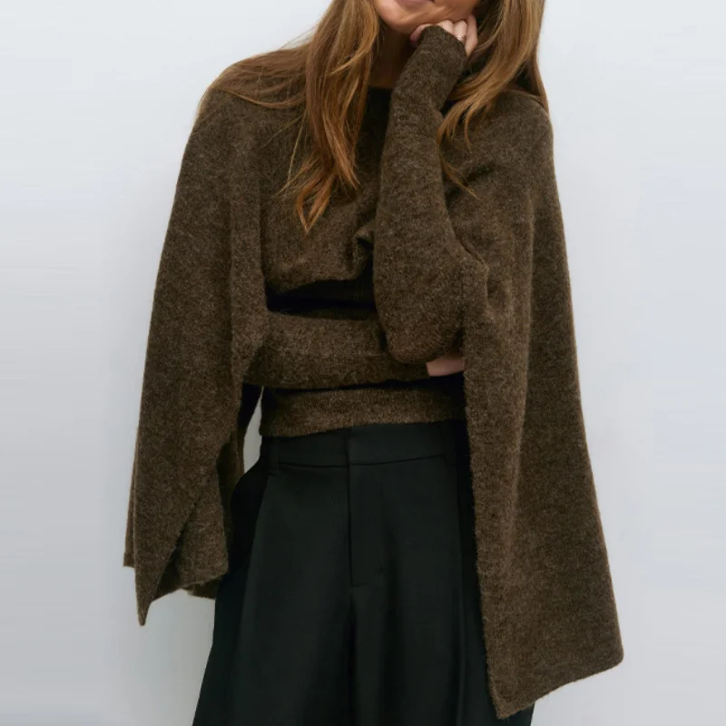 

High Street Fashion Knit Shawl Sweater For Women Long Sleeve Slim Waist Cape Soft Pullover 2025 New Lady Warm Shawl Streetwears