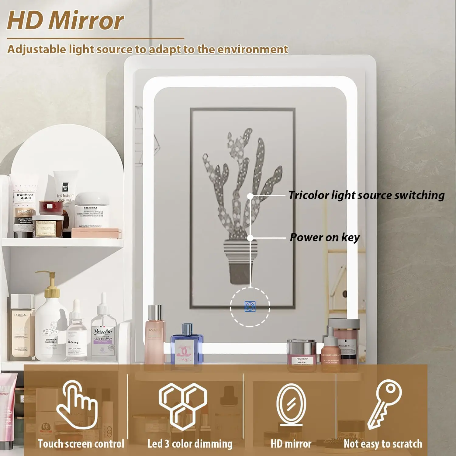 Vanity Set with Rectangular Mirror, Makeup Vanity Dressing Table with 5 Drawers, Shelves, Dresser Desk and Cushioned Stool Set