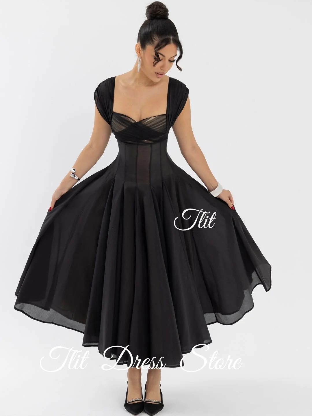فستان سهرة أنيق من الشيفون الأسود على شكل حرف a من TLIT بدون حمالات فساتين حفلات بحزام سباغيتي وكشكشة مخصصة فيستدوس دي فييستا