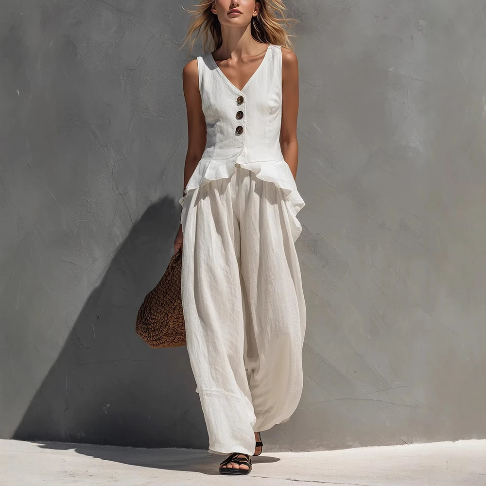 Vintage Linen Blend Two Piece Set For Women Sleeveless Vest With Drawstring Waist Wide Leg Pants For Vacation Casual Daily Pants