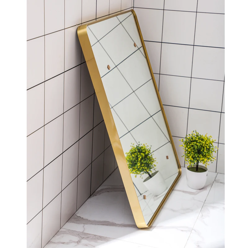 Brass bathroom mirror with rounded corners, intelligent touch LED mirror wall hanging