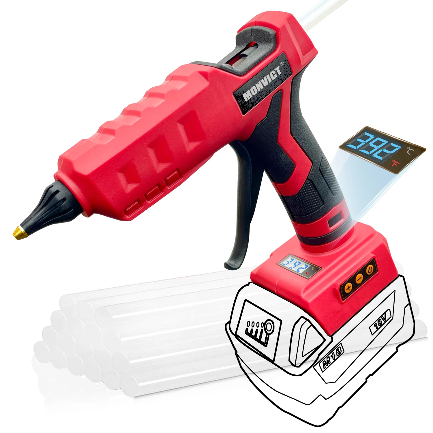 100W Cordless Glue Gun for Milwaukee 18V Battery, Digital Temperature Adjustable Full Size Heavy Duty with 10 Glue Sticks