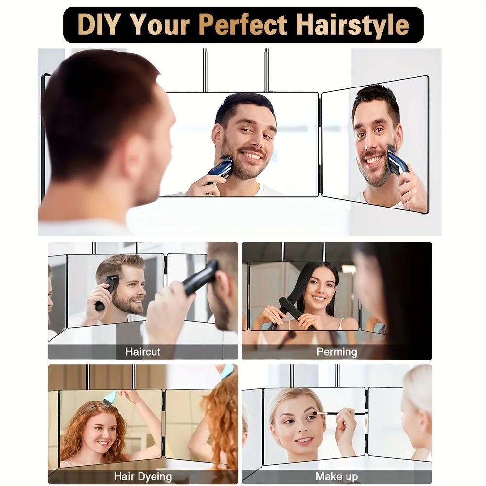 360-Degree Viewing Angle Hairdressing Mirror, 3-Way Self-Hairdressing Mirror, Transparent Anti-Fog High-Definition Glass, Plastic Frame