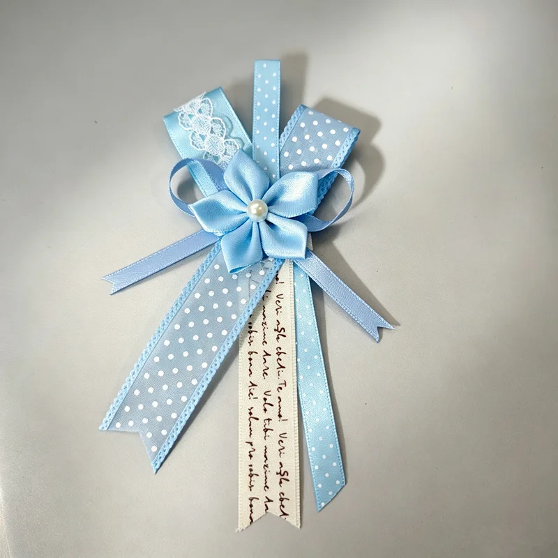 Handmade Lace Bow Cosplay Accessory, Fabric Flower Ornament Pin, Polka Dot Ribbon with Printed Text Ribbon, Lolita Style Decor, Delicate Lace Fabric Details, Hobby Collection Decor Ornament