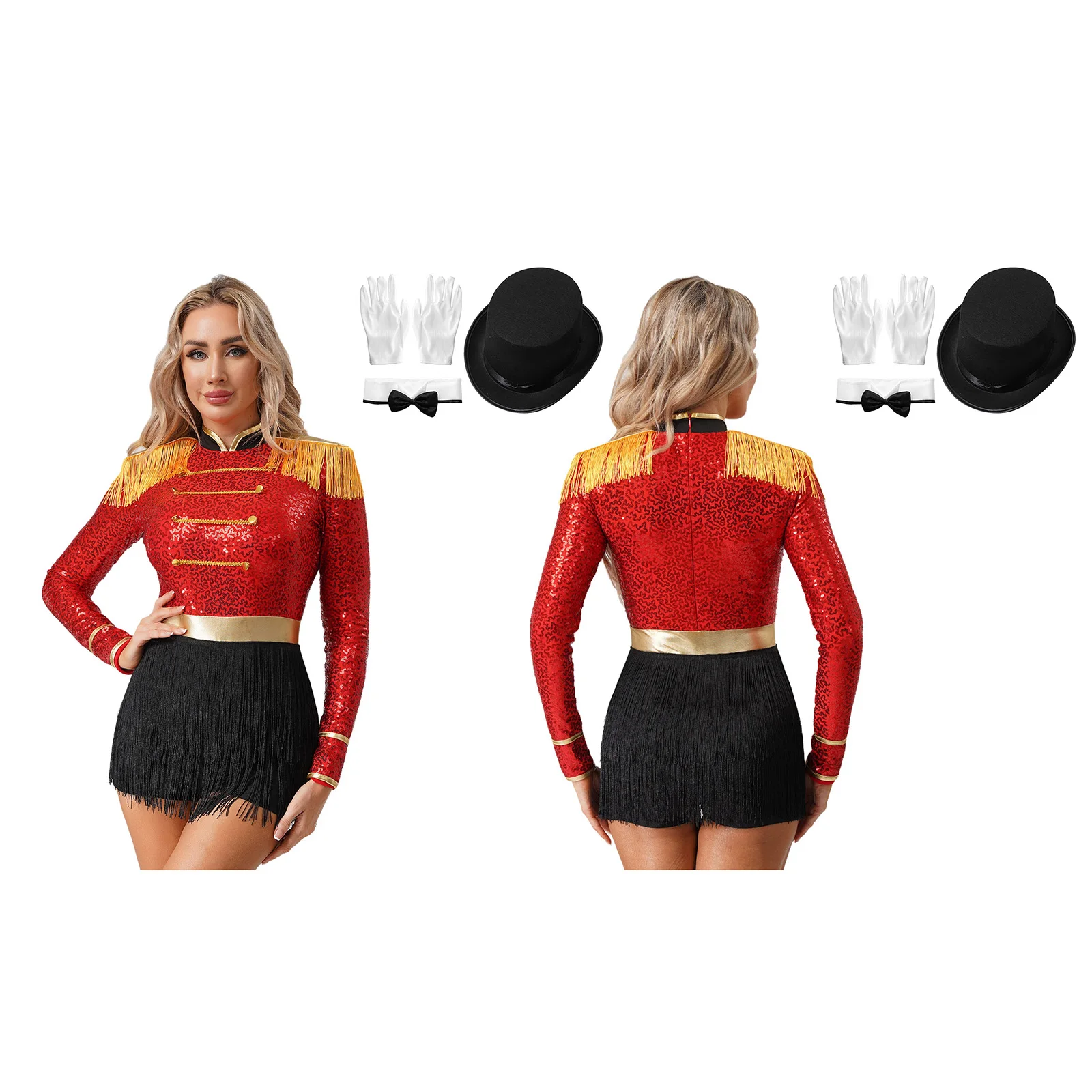Women Long Sleeve Sequin Fringe Circus Ringmaster Bodysuit with Hat Bowtie Glove Halloween Carnival Magician Cosplay Costume