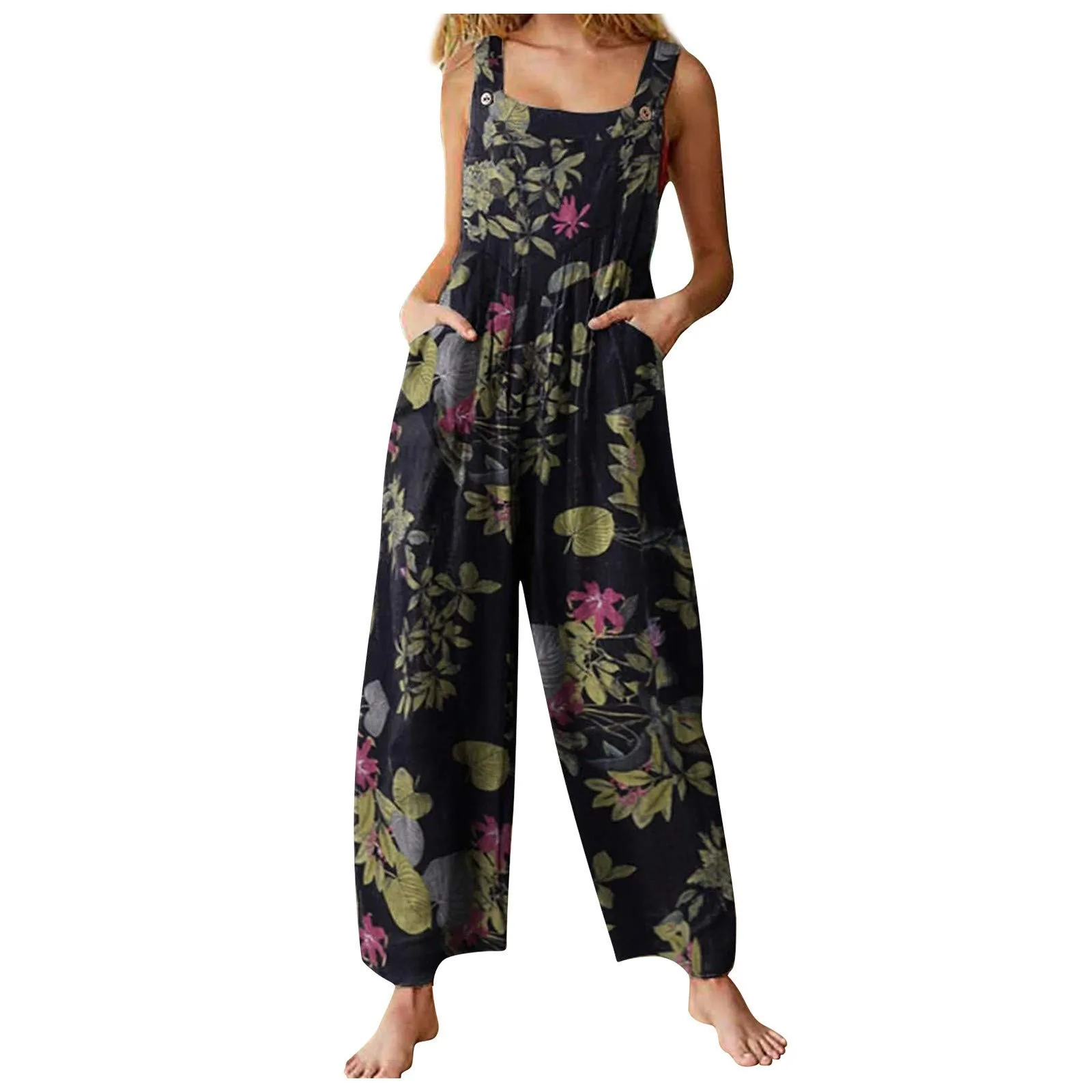 Women'S Sleeveless Rompers Fashion Vintage Ethnic Style Patchwork Printed Jumpsuits Button Up Straps Jumpsuits With Pockets