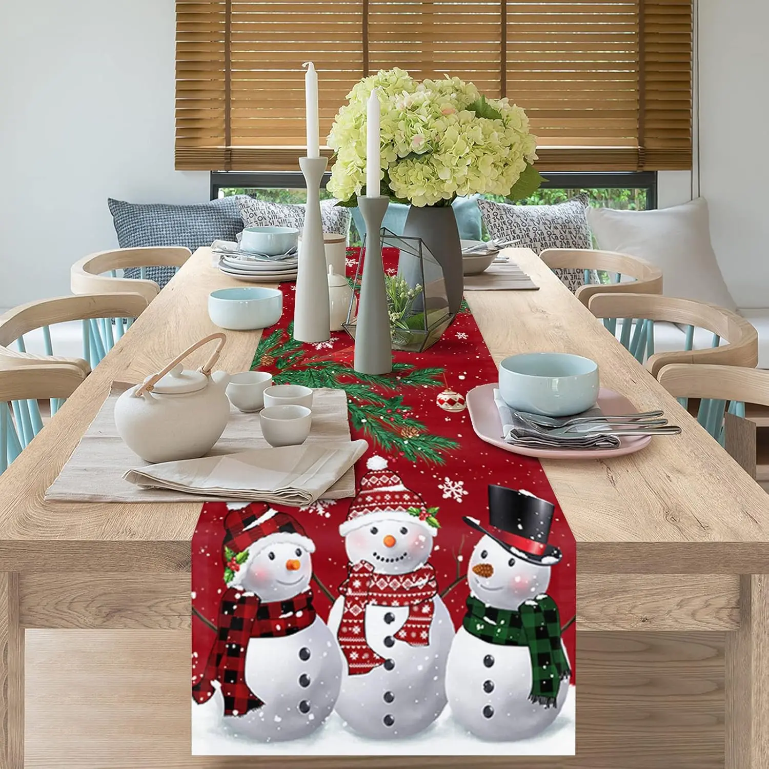 Christmas Snowman Pine Needle Linen Table Runner Party Decor Winter Xmas Ball Kitchen Dining Table Runners Christmas Decorations