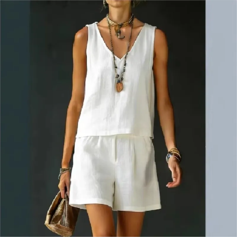 

Summer Casual Shorts Sets Women 2026 Fashion Solid Color Short Sleeve V-neck Tops And Wide Leg Pants Two Piece Set Woman Outfits