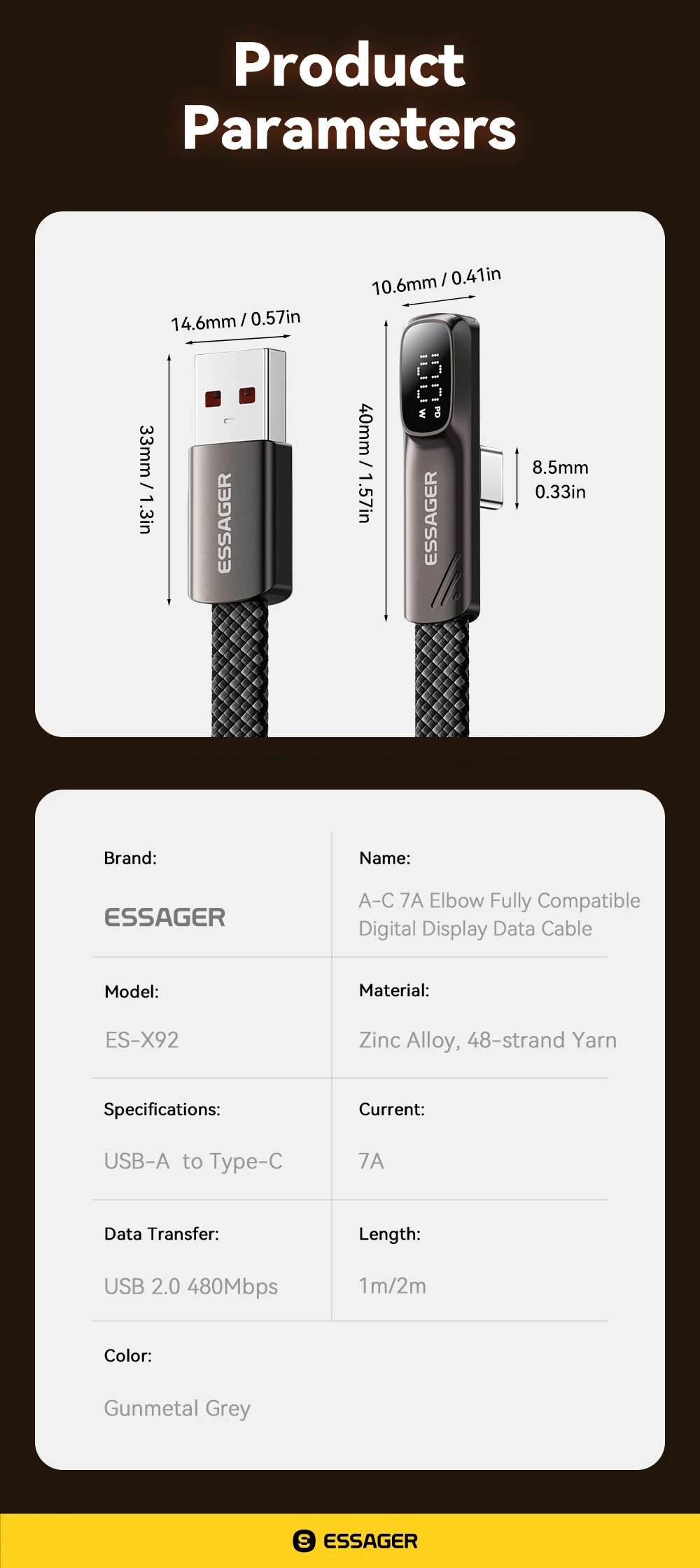 Essager Elbow 7A USB-auf-Typ-C-Kabel mit Digitalanzeige, Schnellladekabel 100W 88W für Huawei, Honor, Oneplus, Samsung – Detail 12