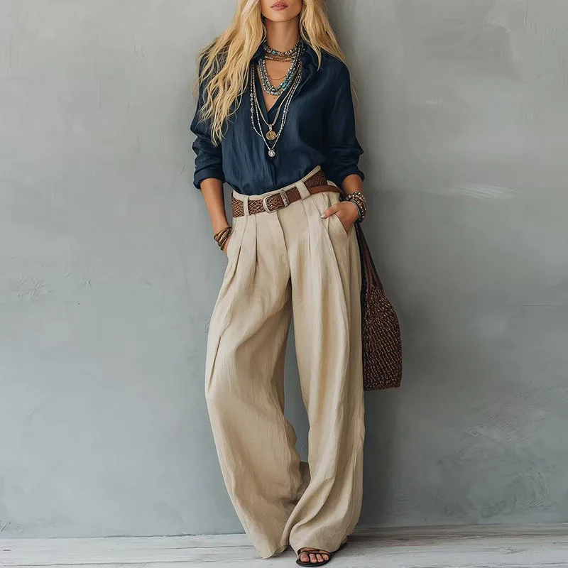 Vintage Casual 2 Piece Set Women Loose Lapel Shirt High Rise Pleated Wide Leg Trousers Suit Boho Daily Travel Office Lady Outfit