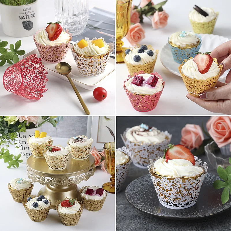 50 szt. Papier cięty laserowo opakowania na babeczki z wydrążonym ciastem na urodziny dekoracje na tort urodzinowy Baby Shower Muffin babeczka kubki