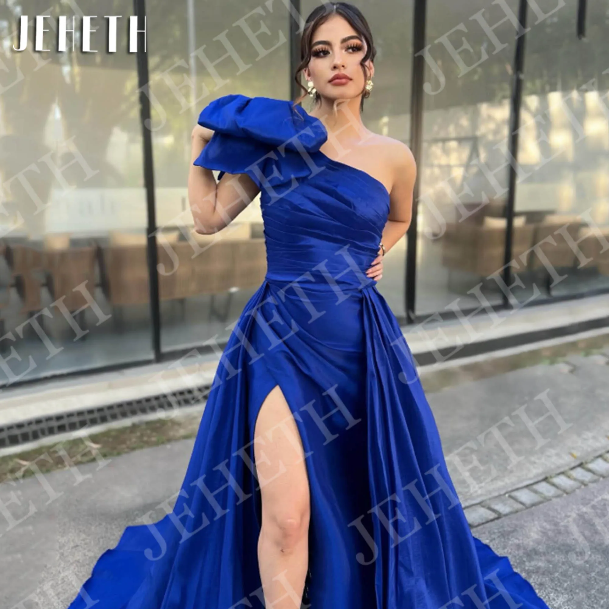 JEHETH Abito da ballo a sirena con una spalla con spacco Abiti da sera formali lunghi in raso sexy personalizzati Abiti da sera blu royal Una spalla sirena abito da ballo con fessura lungo sexy raso abiti da sera forma