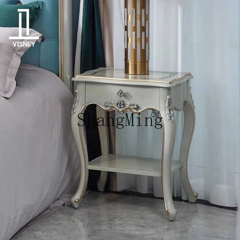 SM new home solid wood carving flower bedside table villa high-end hotel retro master bedroom bedside cabinet