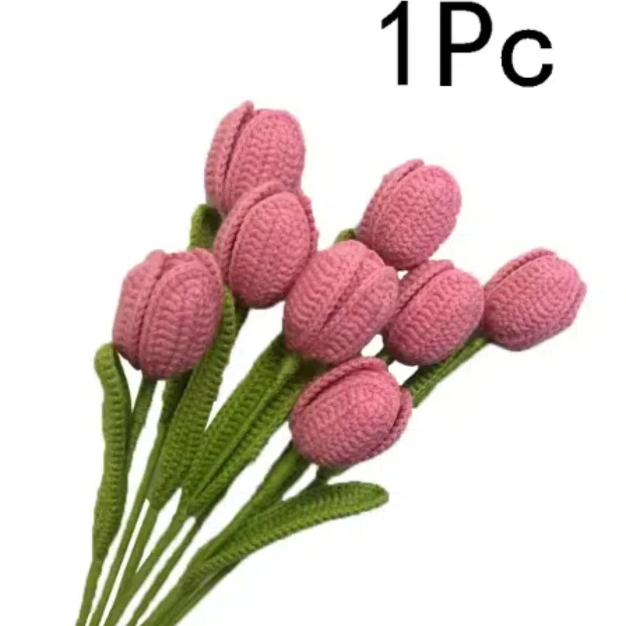 1PC Crochet Tulips Flower Hand-knitted Artificial Flower Bouquet Fake Flower for Home Vase Decoration Christmas New Year Gifts