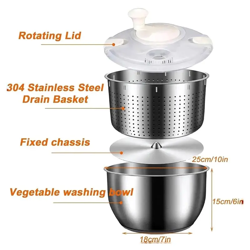 Stainless Steel Salad Spinner, Fruit Washer, Lettuce Washer, Quick Spin Design For Household Use On Vegetables And Pasta