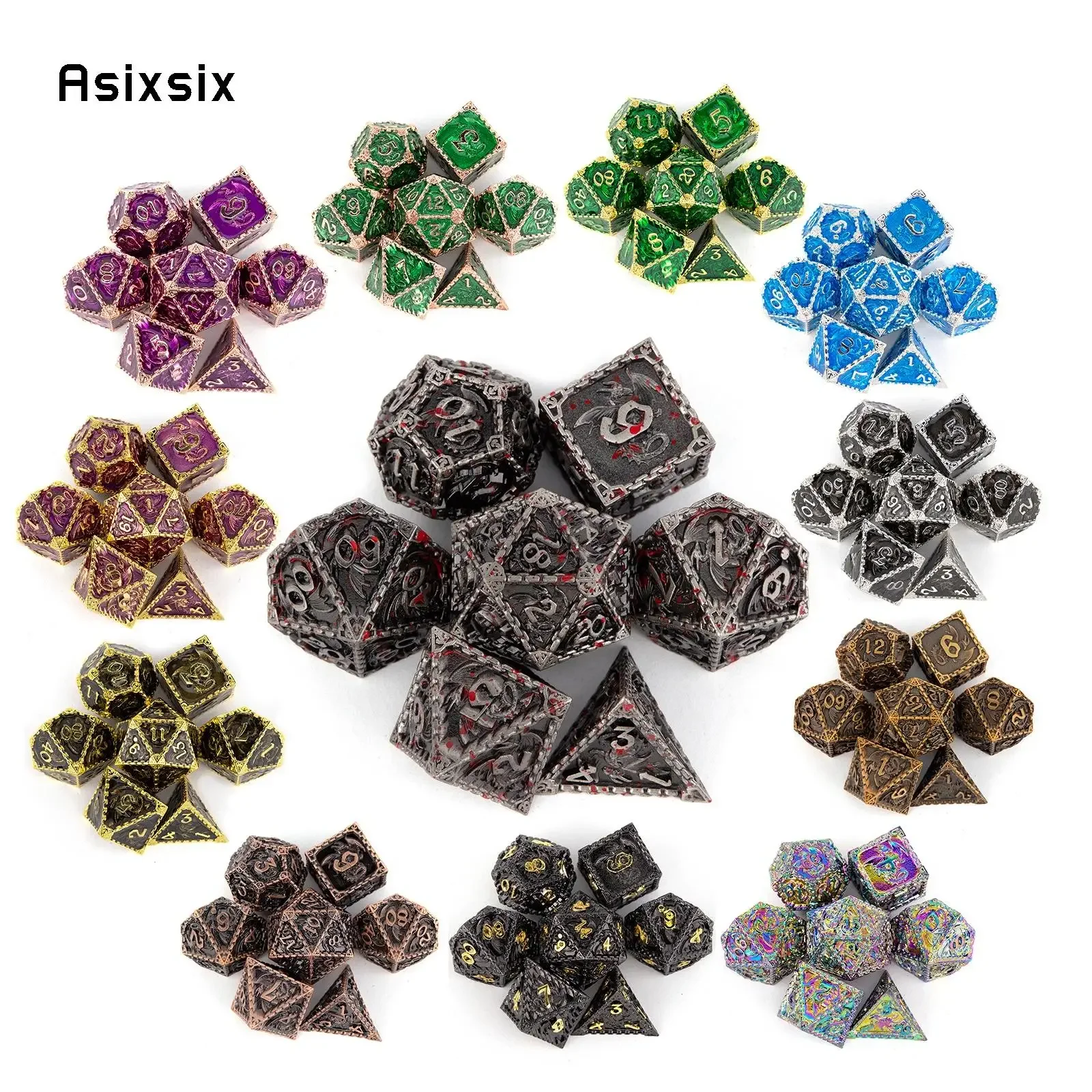 

7 Pcs All Kinds of Color Dragon Metal Dice Solid Metal Polyhedral Dice Set Suitable for Role-Playing RPG Board Game