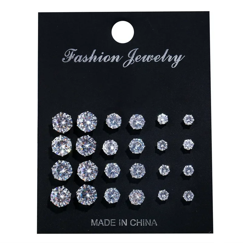 12 Pairs/Pack Shiny Zircon Stud Earrings Set for Women Men Daily Versatile Chic Silver Color Crystal Ear Jewelry Accessories