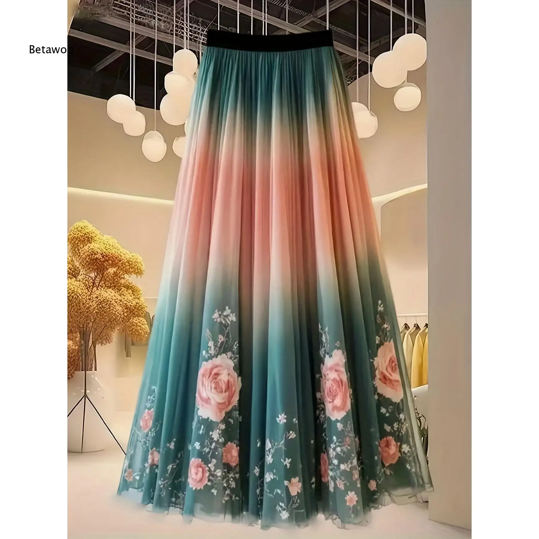 Women Ombre Chiffon Tulle Long Skirt 3D Butterfly & Flower Applique High Waist Pleated Flowy Floor Length Maxi Skirt
